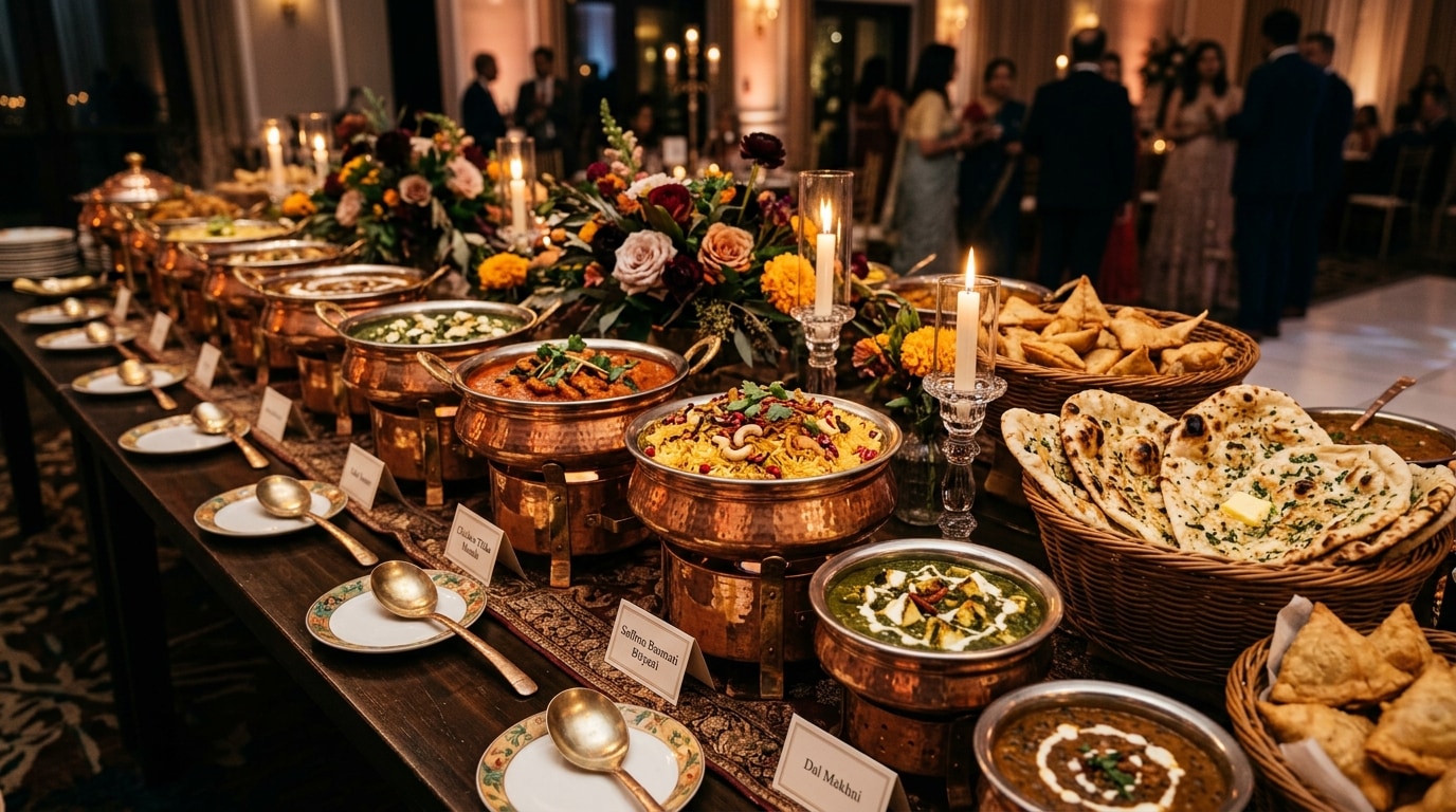 Lavish Indian catering buffet banquet with copper handis, biryani, curries, and naan