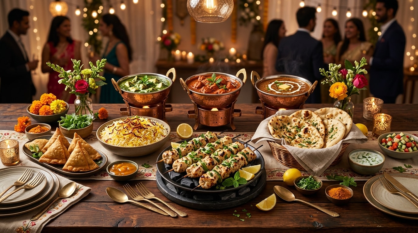 Signature catering spread with full chafing dishes and authentic Indian dishes from Rani Mahal