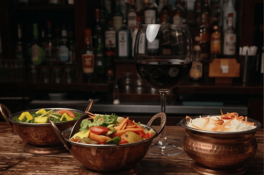 Concept: appetizer bowls and wine at the bar, dark studio lighting