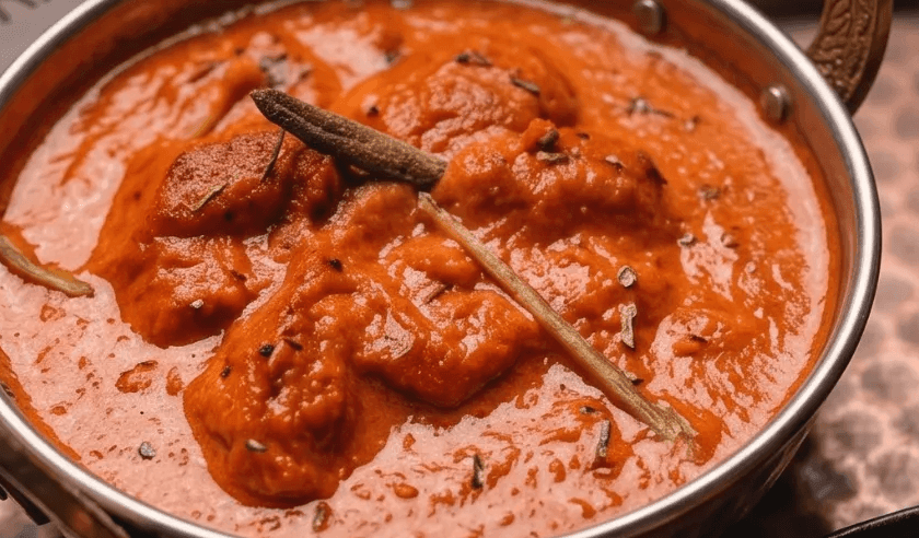 Concept: butter chicken, dark studio lighting
