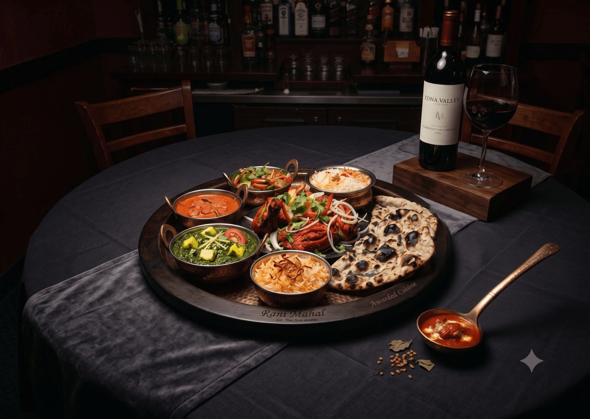 Concept: full thali platter, dark studio lighting