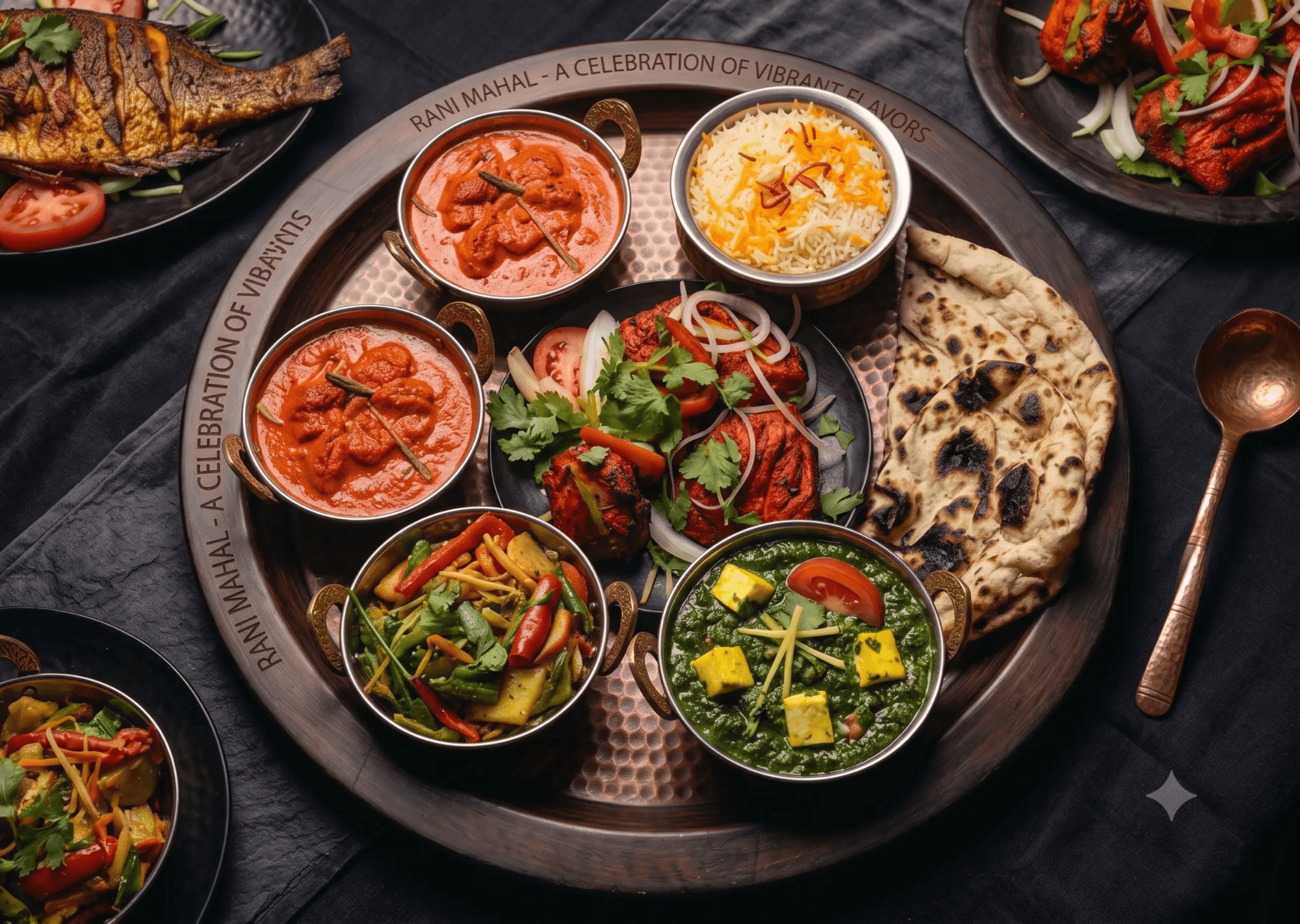 Concept: full table spread, dark studio lighting