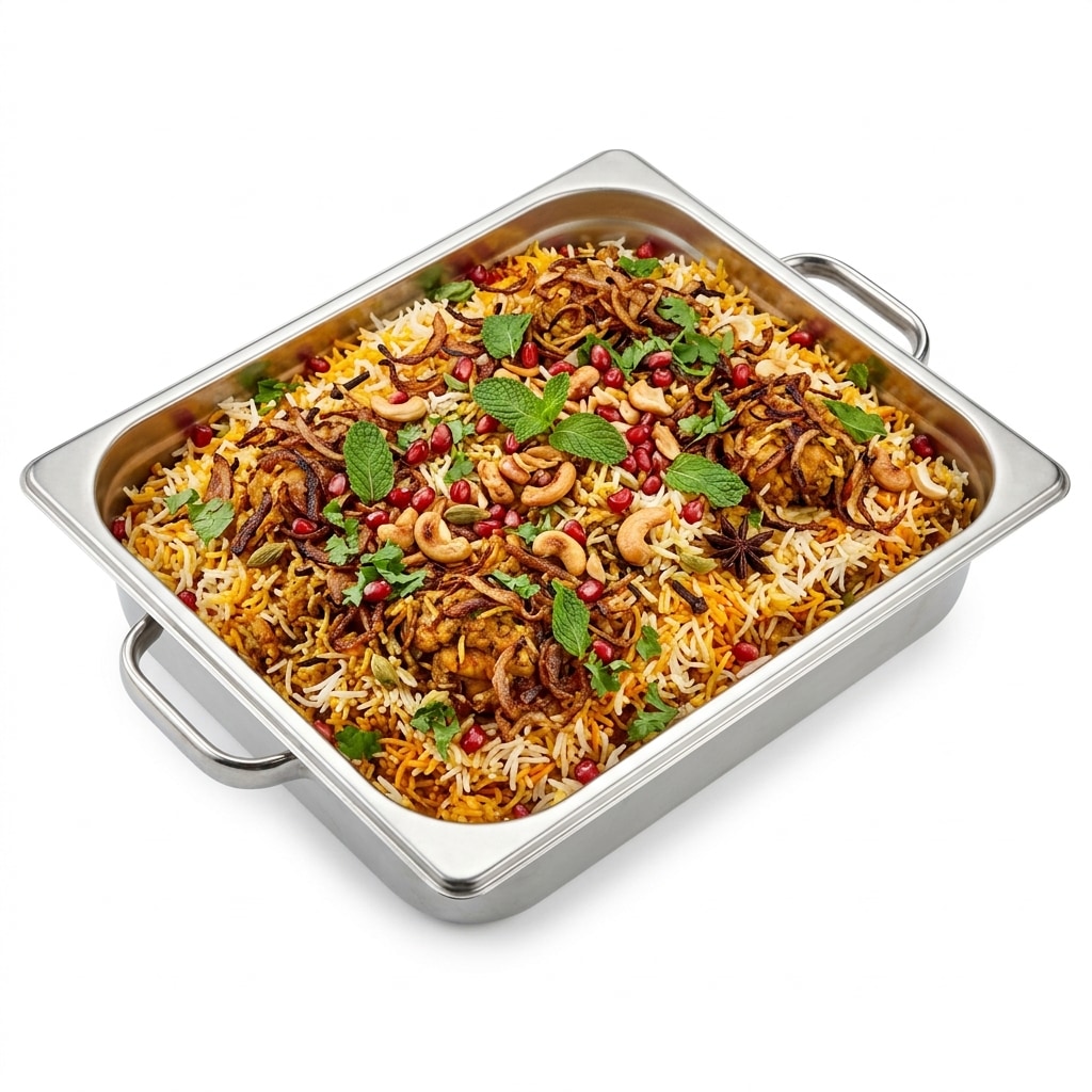 Hydrabadi Dum Biryani garnished with saffron and aromatics