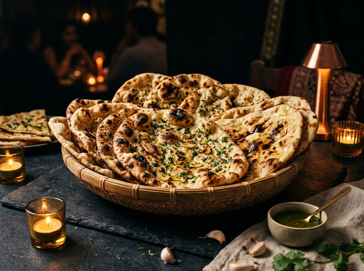 Freshly baked garlic naan with butter and cilantro from Rani Mahal