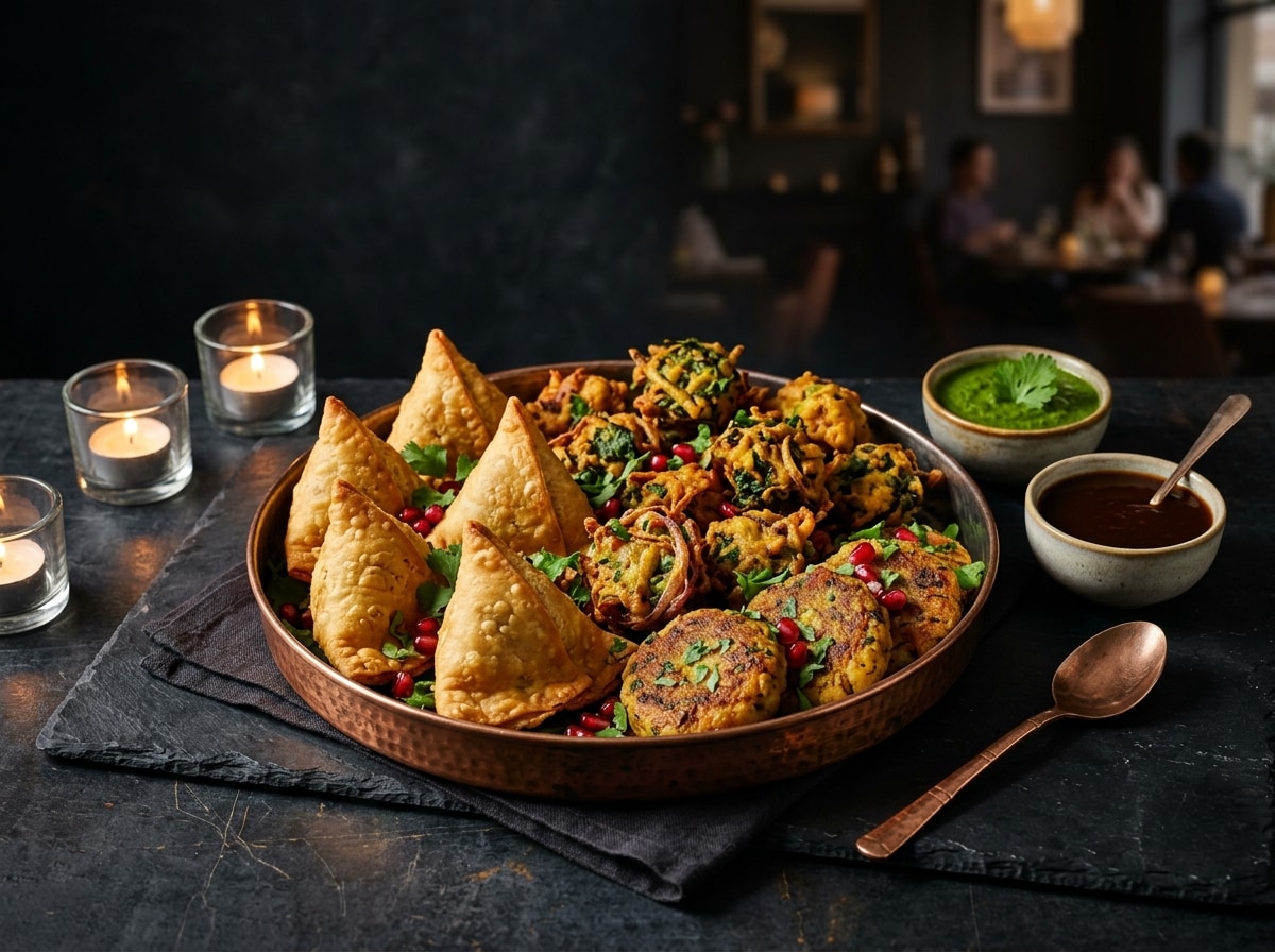 Vegetarian appetizers including golden samosas and pakoras